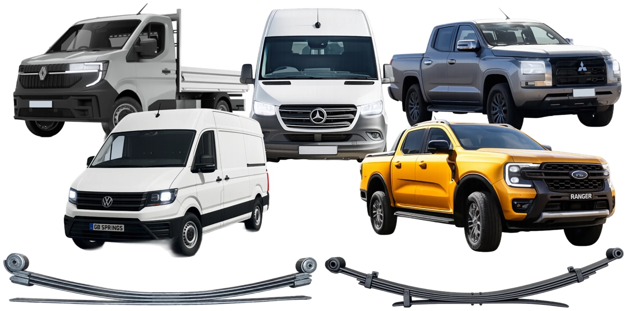 Renault, Volkswagen and Mercedes vans with Mitsubishi and Ford pick ups and leaf springs